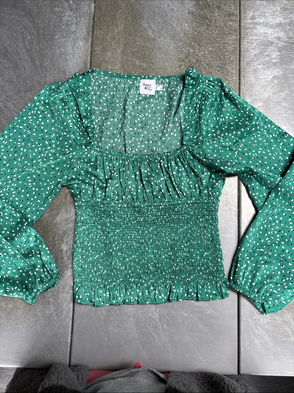 Princess Polly Emerald Green Smocked Peasant Blouse with White Dot Print